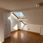 Bright attic room with angled ceiling, skylights, and warm wood flooring; built-in white closet on left and small hatch door on right.